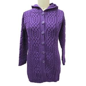 Aran Crafts Ireland Merino Wool Hooded Cable Knit Cardigan Purple XS NWOT
